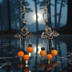 Handmade Bat Dangle Earrings Halloween Black Orange Beaded Design 3 Inches Long